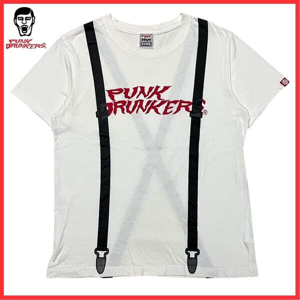 PUNK DRUNKERS パンクドランカーズ サスペンダー ロゴ プリント Tシャツ 半袖 カットソー ホワイト 白 L