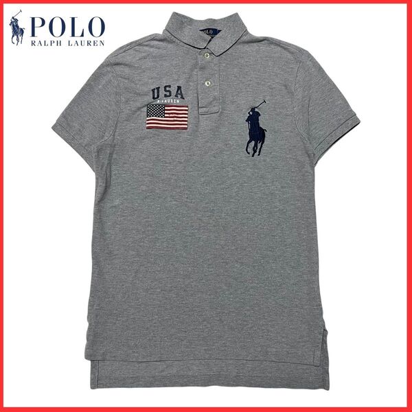 Polo Ralph Lauren ポロ ラルフローレン 星条旗 ビッグ ポニー ロゴ 刺繍 半袖 鹿の子 ポロシャツ グレー S