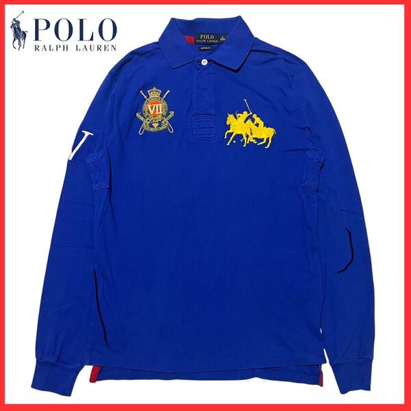 Polo Ralph Lauren ポロ ラルフローレン ダブル ポニー ロゴ 刺繍 長袖 鹿の子 ポロシャツ ロンT ブルー S