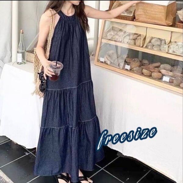 新品デニム調 ロングワンピース ノースリーブ スカート ゆったり 春夏