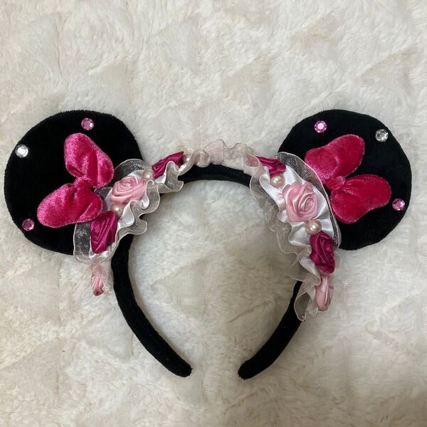 ディズニー ミニー カチューシャ 薔薇 バラ 花 レース 廃盤品
