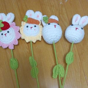 うさぎ フラワーモチーフ 編み物 ハンドメイド インテリア パーツ 3個セット