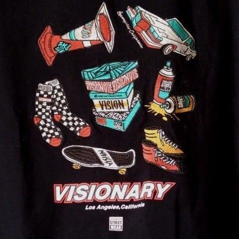 VISION STREET WEAR ブラック Tシャツ 刺繍 刺繍ロゴ men's XL バックBIG刺繍ロゴ 半袖