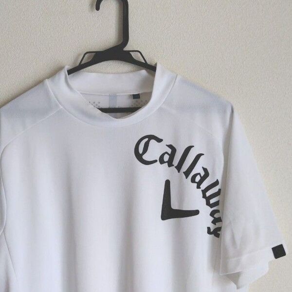 Callaway ホワイト モックネック Tシャツ 3Dロゴ 速乾 透湿 即乾 ストレッチ men's XL ゴルフウェア