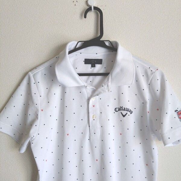 Callaway GOLF ポロシャツ 総柄 刺繍 バックロゴ ワッペン 透湿 即乾 速乾 半袖 ホワイト men's M
