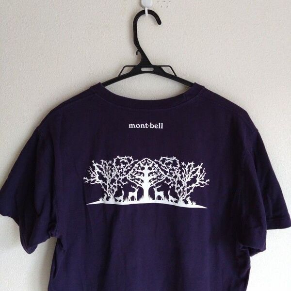 希少 mont-bell パープル コットン Tシャツ 切り絵 森の集い men's L プリント アウトドア 早川鉄兵