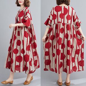 ワンピース ロングワンピース フリーサイズ ドット 水玉 赤 Aライン ゆったり マタニティ 脚長効果 夏