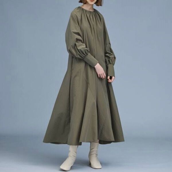 【美品】 N.O.R.C タッサーギャザーワンピース 長袖ワンピース ロング丈