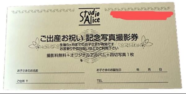 スタジオアリスご出産お祝い記念写真撮影券