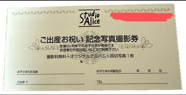 スタジオアリスご出産お祝い記念写真撮影券