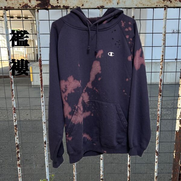 【ボロスウェット】champion チャンピオン スウェット パーカー フーディ 鬼フェード ネイビー トップス XL 襤褸