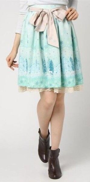 アクシーズファム ポエティック 膝丈スカート 刺繍入り 雪柄 ミドル スカート ミント 水色