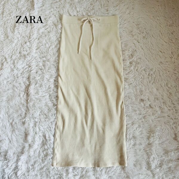 【良品】ザラ ZARA タイトスカート ロング丈 リブ編み スリット ウエストゴム 美脚効果 足長効果 Mサイズ 白 ホワイト