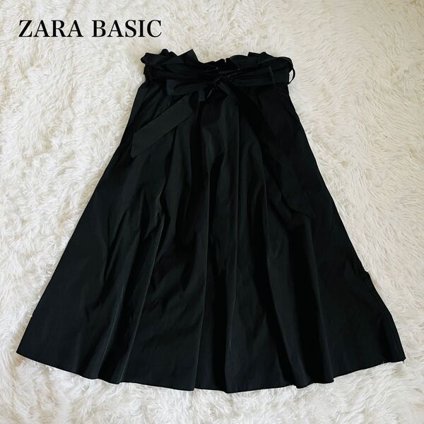 ザラベーシック ZARA BASIC フレアスカート ひざ丈 ウエストゴム Sサイズ 黒 ブラック ウエストベルト付