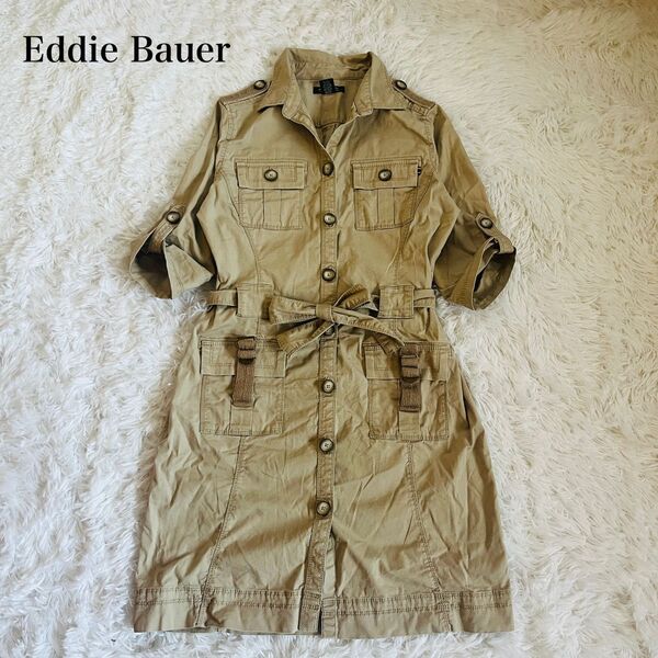 エディーバウアー Eddie Bauer 半袖 五分袖 ミリタリーワンピース 春ジャケット 羽織り ウエストリボン ベージュ S