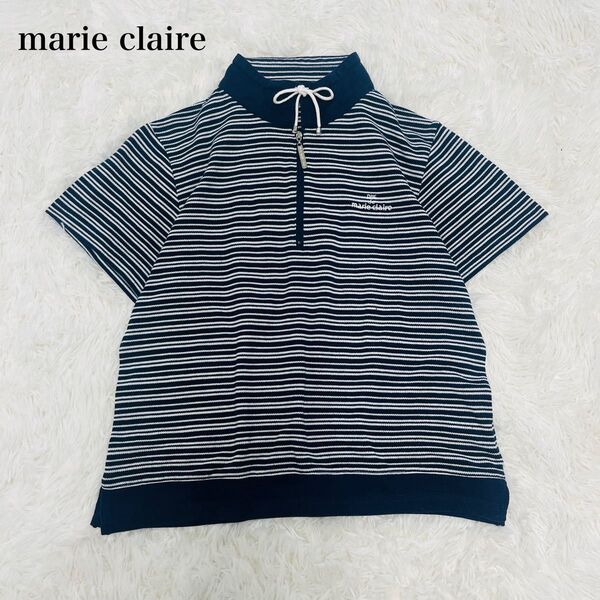 マリクレール Rut de marie claire 半袖 ハーフジップシャツ ボーダー柄 ゴルフウェア レディース 刺繍ロゴ L