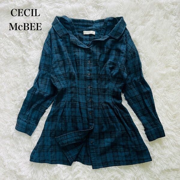 セシルマクビー CECIL McBEE 長袖シャツ チェック柄 細見え スタイルアップ 裾フレア Mサイズ