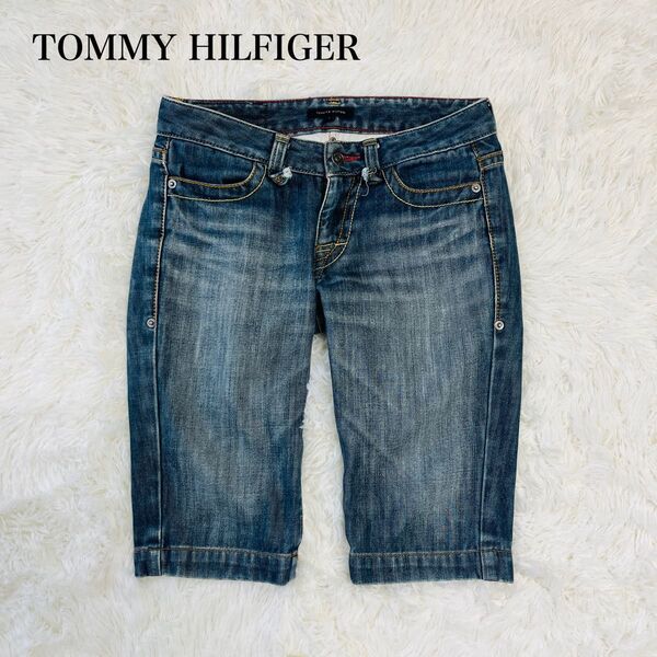 トミーヒルフィガー TOMMY HILFIGER 日本製 ハーフパンツ デニム ジーンズ 牛革 レディース Sサイズ 細身
