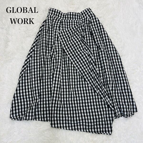 グローバルワーク GLOBAL WORK ロングスカート ギンガムチェック柄 リネン混 ウエストゴム Mサイズ