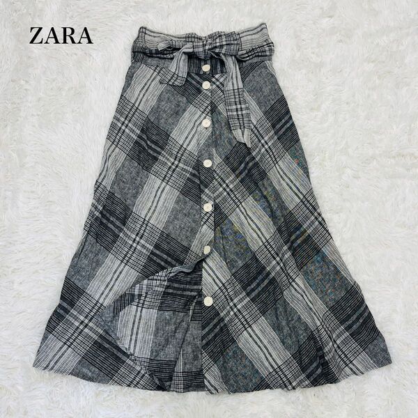 ザラ ZARA 麻混 ロングスカート フレアスカート チェック柄 フロントボタン Mサイズ グレー 美シルエット