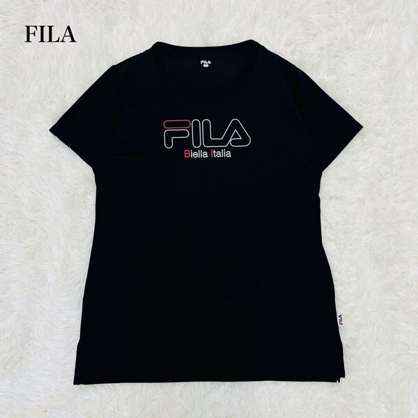 フィラ FILA レディース 半袖Tシャツ 薄手 スポーツ トレーニング プリントロゴ サイドスリット 黒 ブラック Lサイズ