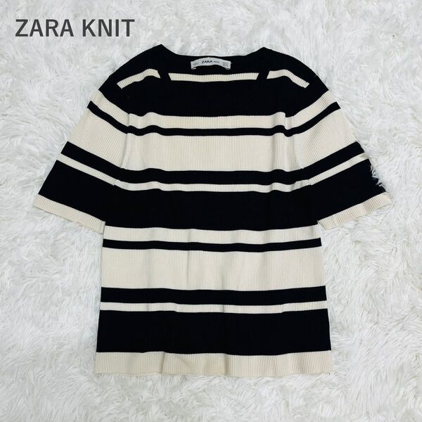 ザラニット ZARA KNIT 半袖リブニット ボーダー柄 ショート丈 着痩せ効果 美シルエット Tシャツ カットソー