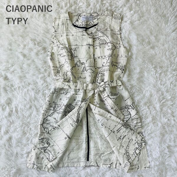チャオパニックティピー CIAOPANIC TYPY リネン混 ロング丈 総柄 マップ柄 ベルト付 ノースリーブベスト 体型カバー