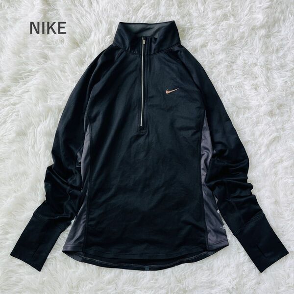 ナイキ NIKE 長袖 ハーフジップ トレーニングウェア プリントロゴ レディース ドライフィット ランニング ブラック Sサイズ