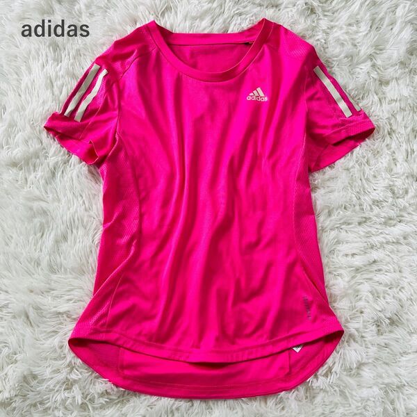 アディダス adidas 半袖Tシャツ ランニング トレーニング スポーツ メッシュ Sサイズ ピンク ロゴ