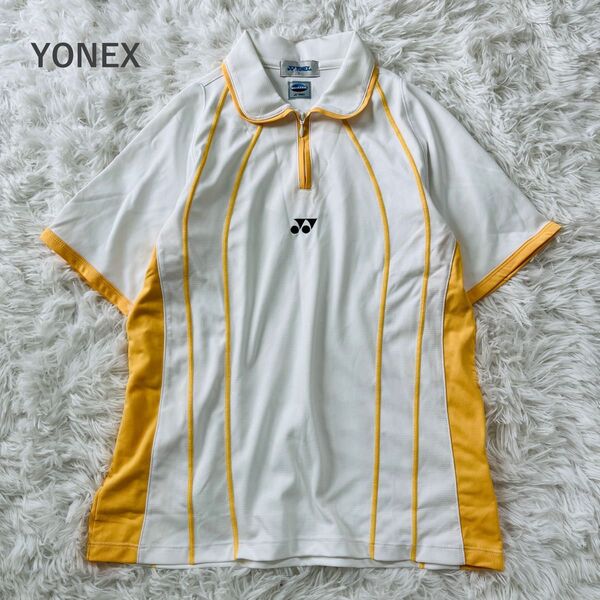 【美品】ヨネックス YONEX 日本製 半袖 ハーフジップシャツ テニス バドミントン スポーツウェア 刺繍ロゴ ゲームシャツ L