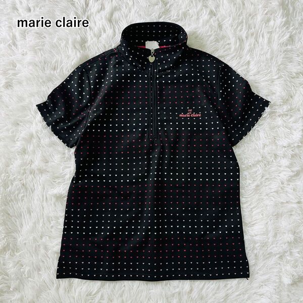【USED】マリクレール marie claire ハート柄 ボーダー柄 ハーフジップシャツ 刺繍ロゴ 総柄 ゴルフウェア M