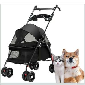 ペットカート 犬 4輪 犬用カート バギー 小中型犬 組み立て簡単 ワンタッチ折り畳み 後輪ブレーキ付 耐荷重18KG 黒