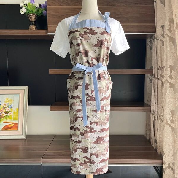 ハンドメイド 前ひも付 首かけタイプ カフェエプロン 国産生地 ハンドメイド 料理教室 迷彩 大人用 男女兼用 ミリタリー柄 綿