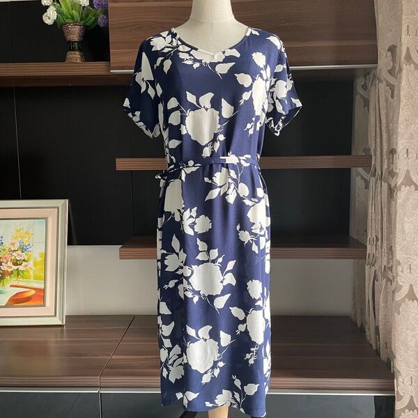 ハンドメイド シルクコットン ギャザーワンピース 北欧調 ゆったり 着痩 大花 花柄 半袖 ワンピース 絹綿混合 レディース