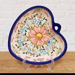 ポーリッシュポタリーポーランド食器◆ハート型ボウルピンク花柄LOVE