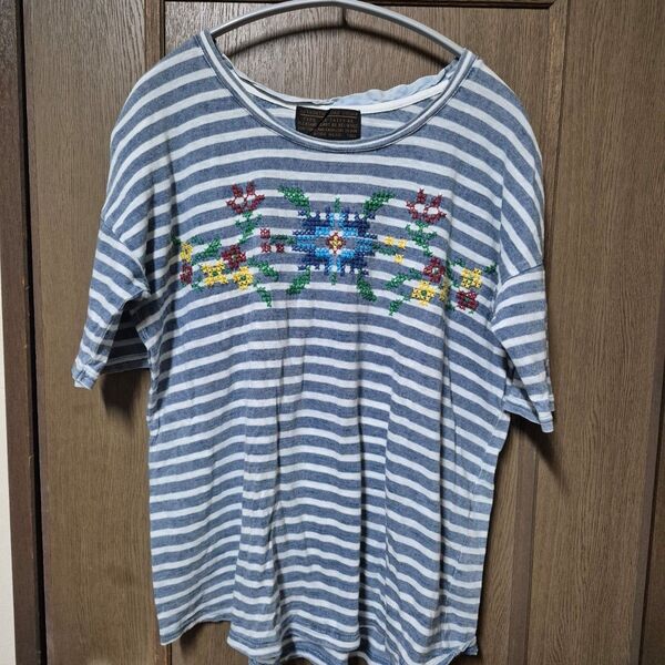 CUBE SUGAR ボーダー刺繍Tシャツ Mサイズ 半袖 古着 カットソー キューブシュガー