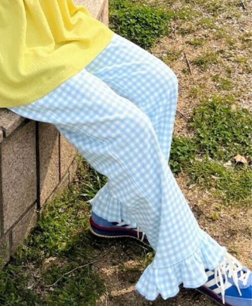 しまむら ayanoさんコラボ チェック柄ワッフルフリルパンツ ブルー L 新品
