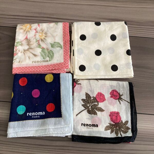 renoma PARIS ハンカチ 4枚セット ドット柄 花柄 マルチカラー