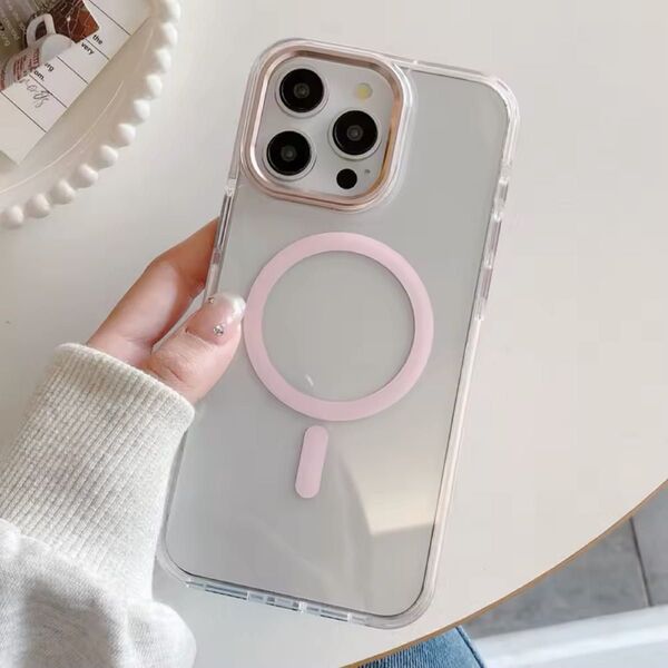 iPhone13/14ケース ピンク iPhoneケース MagSafe クリアケース シンプル かわいい 耐衝撃 カバー
