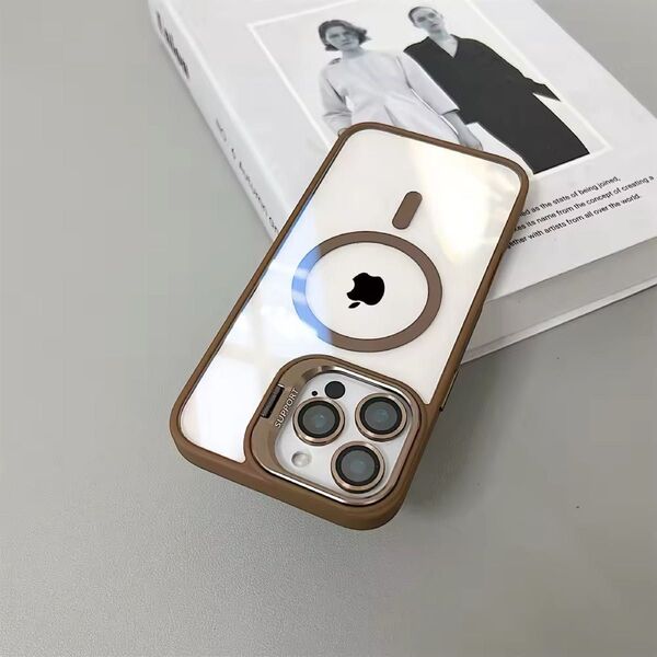 iPhone14ケース ブラウン iPhoneケース MagSafe スタンド カバー シンプル カメラレンズプロテクター