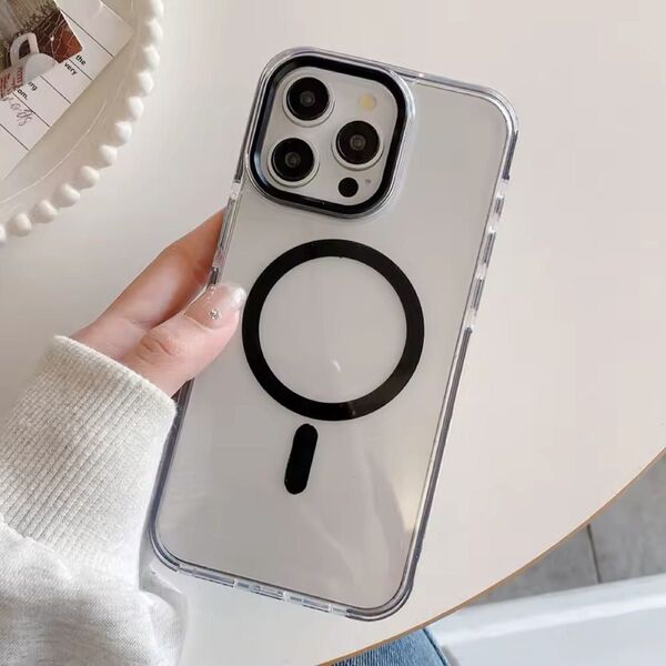 iPhone13/14ケース ブラック iPhoneケース MagSafe クリアケース シンプル かわいい 耐衝撃 カバー