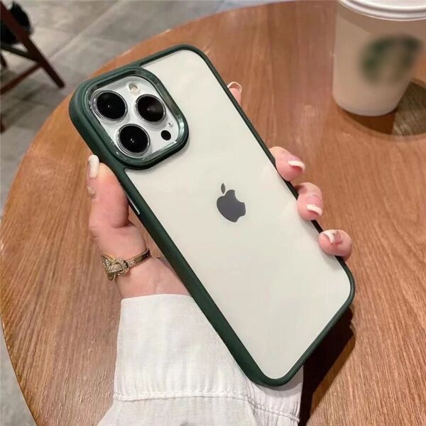 iPhone15Proケース ダークグリーン iPhoneケース スマホケース シンプル クリア かわいい 韓国 透明 耐衝撃