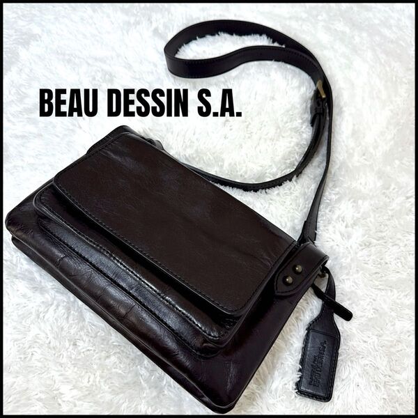 【美品】BEAU DESSIN S.A. ボーデッサン レザー ショルダーバッグ サコッシュ ブラック 黒 斜め掛け 本革