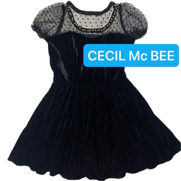 CECIL Mc BEEセシルマクビー★シアードットパフスリーブ胸元パール切り替えビスチェ風ベロア調生地ワンピース/ブラック