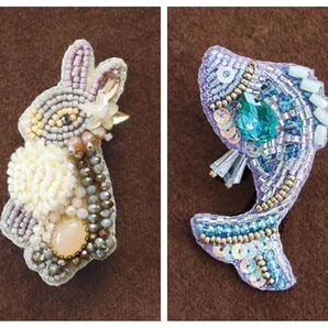 ■ビーズが煌めくお洒落な動物刺しゅうブローチ■キット■2種類セット■ビーズ刺繍