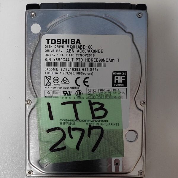 277時間 正常判定 1TB 2.5インチHDD 東芝