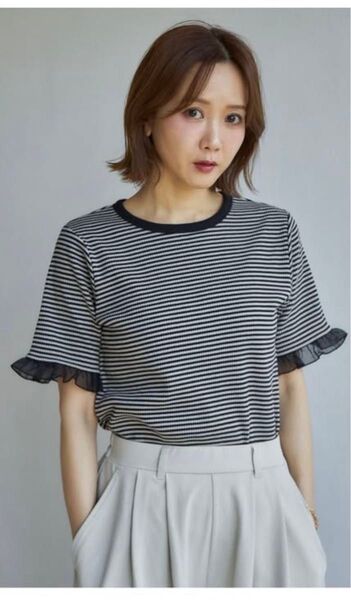 しまむら 田中里奈 テレコ ボーダー Tシャツ 中薄橙 L サイズ 新品