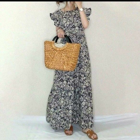 花柄 ロングワンピース 花柄ワンピース 夏 小花柄 ネイビー 紺 マキシ丈