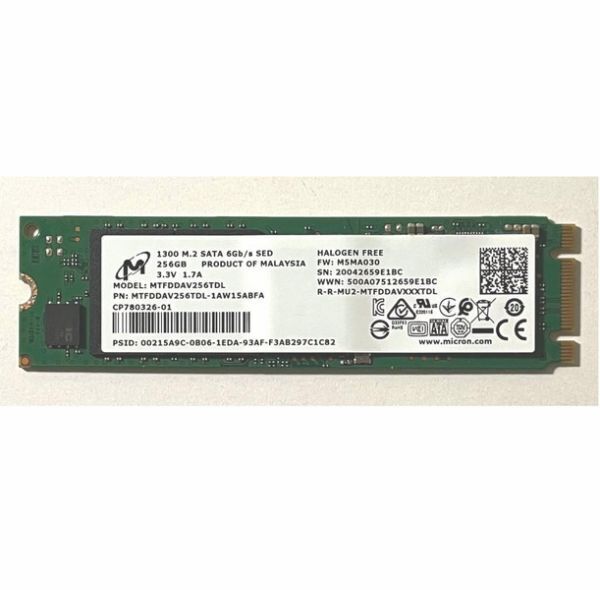 Micron製 256GB SATA M.2 SSD type2280 | 健康状態正常97%/電源投入1852回/使用574時間 | マイクロン