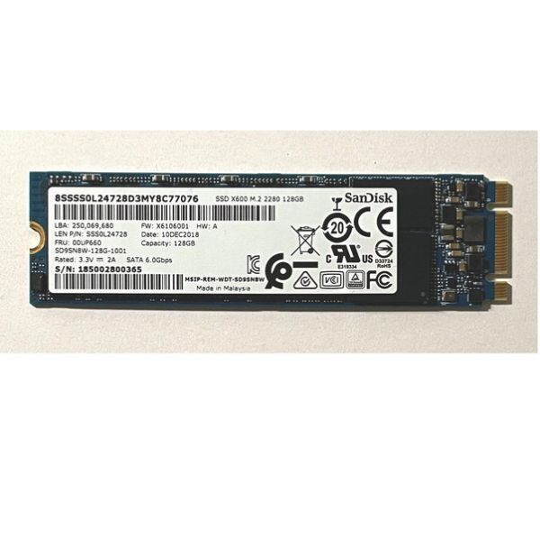 SanDisk製 128GB SATA M.2 SSD type2280 | 健康状態正常/電源投入1498回/使用10719時間 | サンディスク